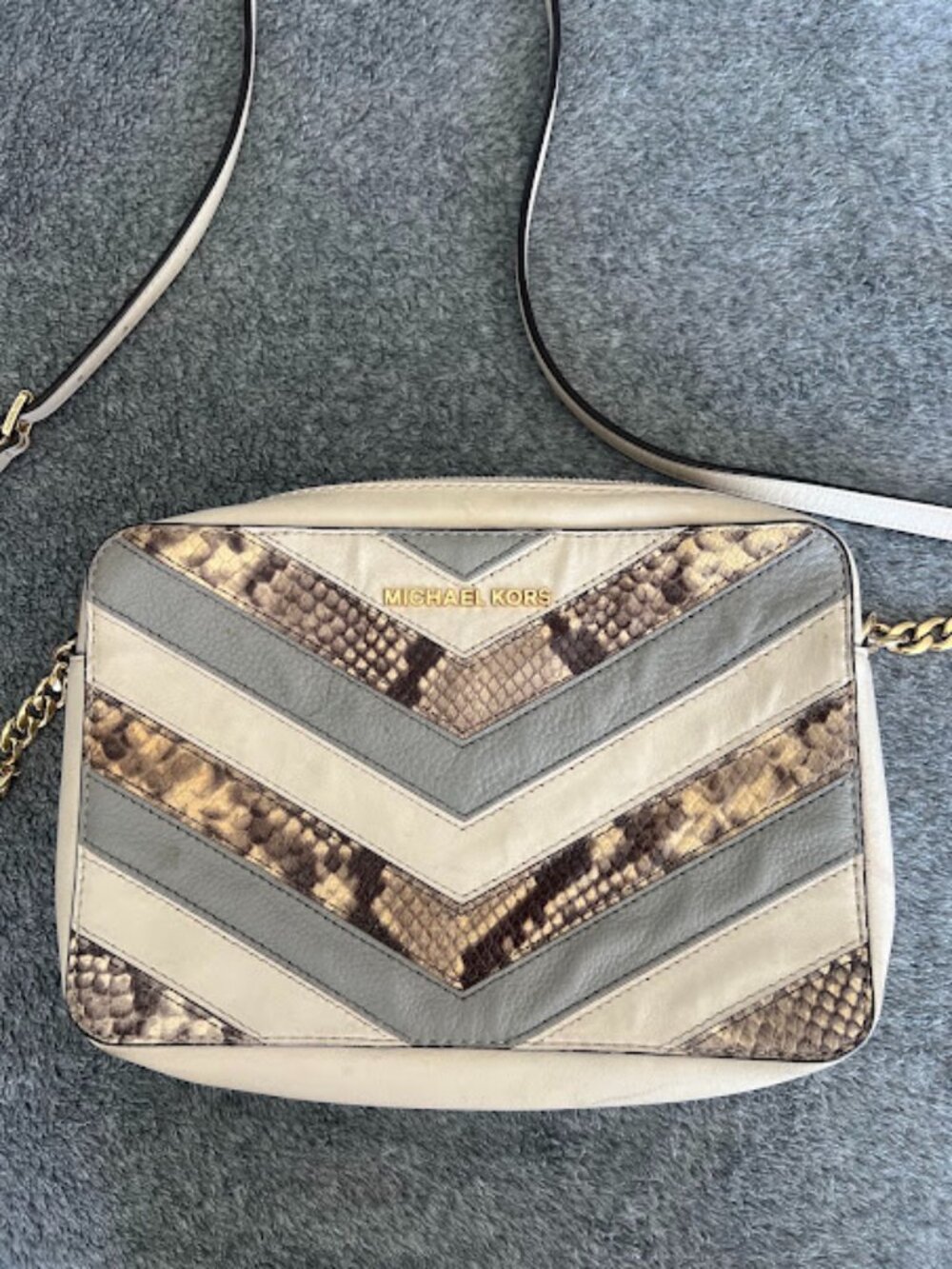 Michael Kors Jet Set Travel Camera Chevron Snakeskin Crossbody Bag Purse